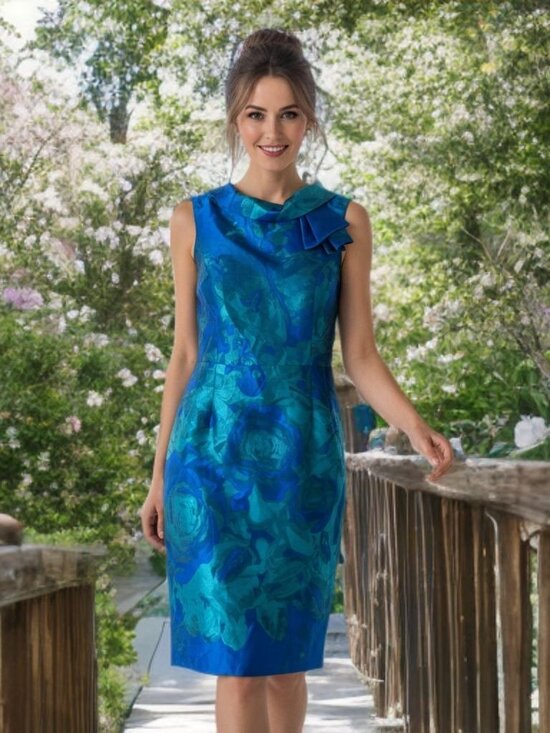 Rickie Freeman TERI JON Floral Midi Bodycon Dress Ruffle Neck Sleeveless Sheath - Picture 1 of 12